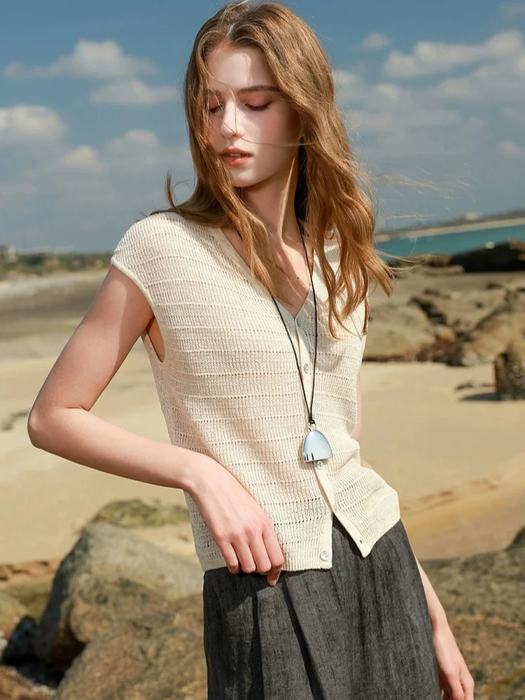 

Вязаный топ с V-образным вырезом, на одной пуговице, с вырезами, короткий рукав, однотонный, летний, модный, женский, в корейском стиле, свободного кроя