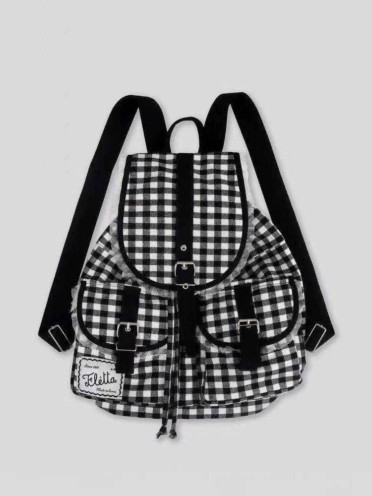 

Bla White Plaid Lace Large Capaci Ballet Sle College ket Japanese System High End Bapa Dual oulder Bag Soft Cloth