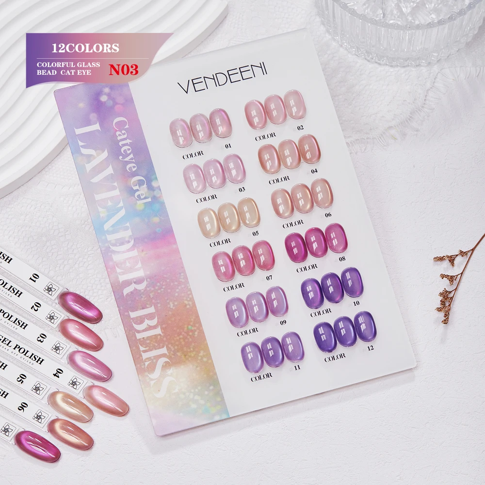 

Vendeeni 12 Colors/set Purple Pink Crystal Cat Eye Gel Nail Polish UV LED Glitter Magnetic Manicure Varnish With Color Card