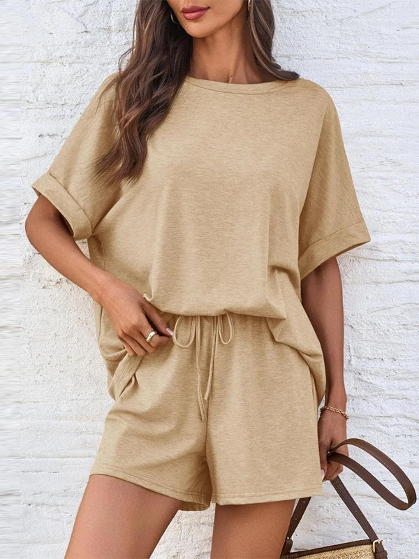 

Summer Casual round Ne ort Sve T-irt orts Set Women's Comfortable Spor Faionable Two-Piece Suit Polyester Fabric