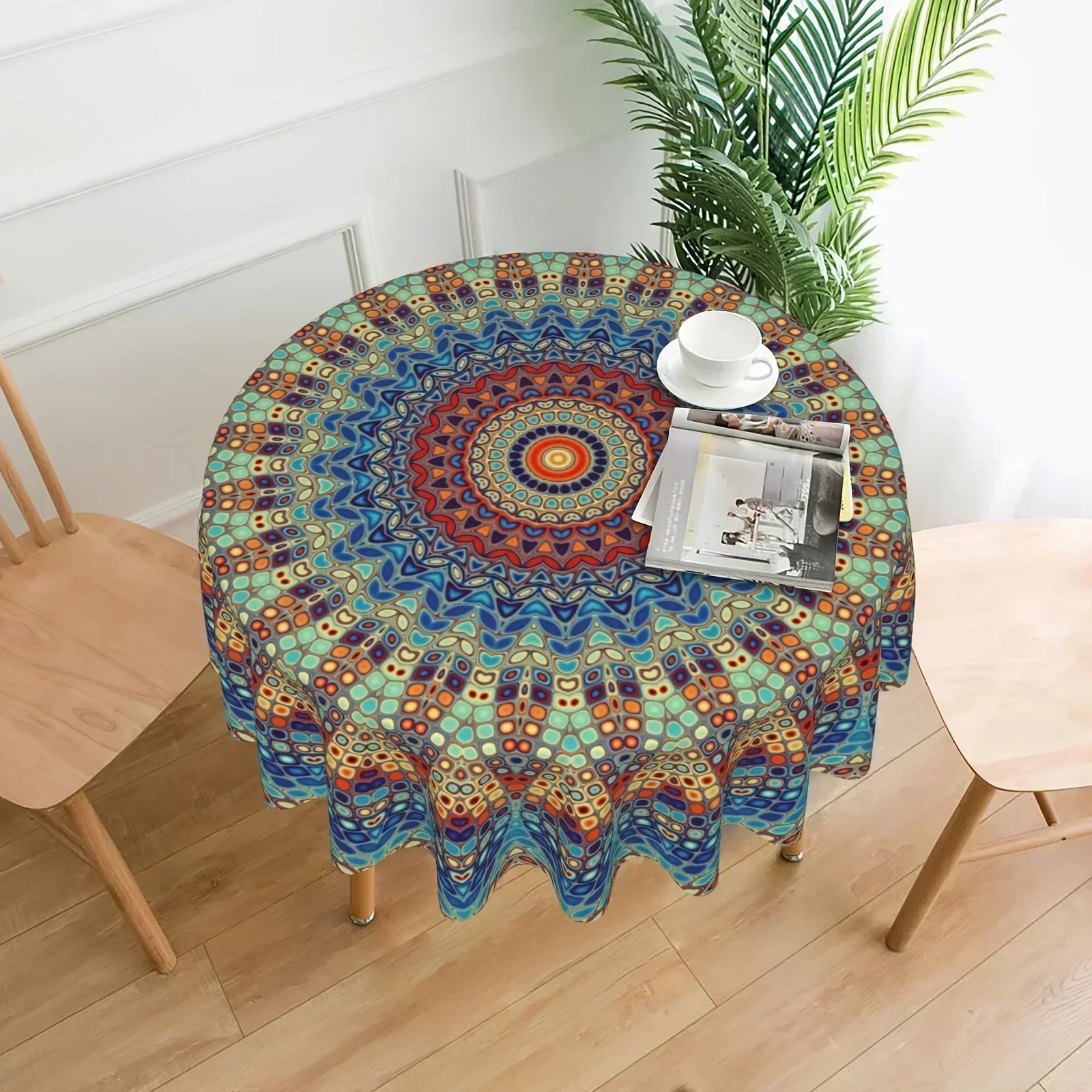 1pc Mandala Round Tablecloth, Waterproof Colorful Circular Patio Dining Table Cover, Home Kitchen Decoration, 60 Inch