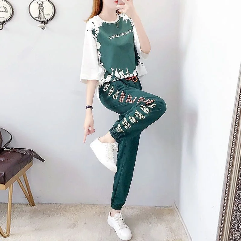 Women\'s Sports Suit Two Piece Set Spring Summer New Loose Skinny Fashion Casual Wear Short Sleeve O-collar Top And Pants Outfits