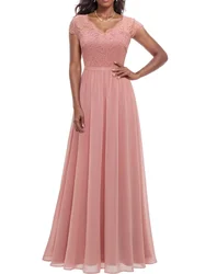 Lace Chiffon Double V-Neck Mother of the Bride Dress with Short Sleeves – Elegant Floor Length Formal Dress