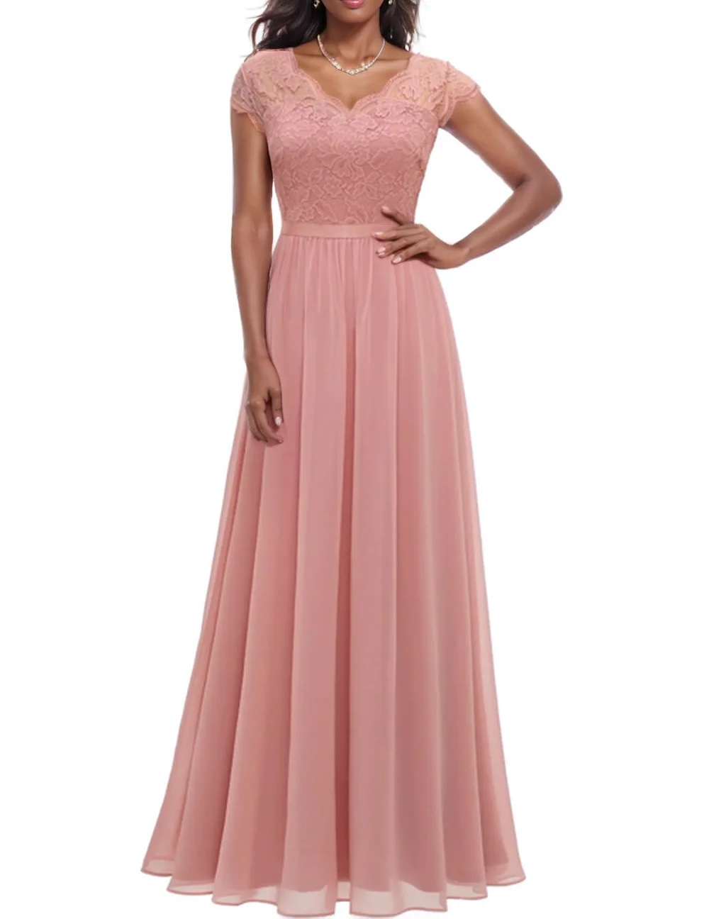 Lace Chiffon Double V-Neck Mother of the Bride Dress with Short Sleeves – Elegant Floor Length Formal Dress