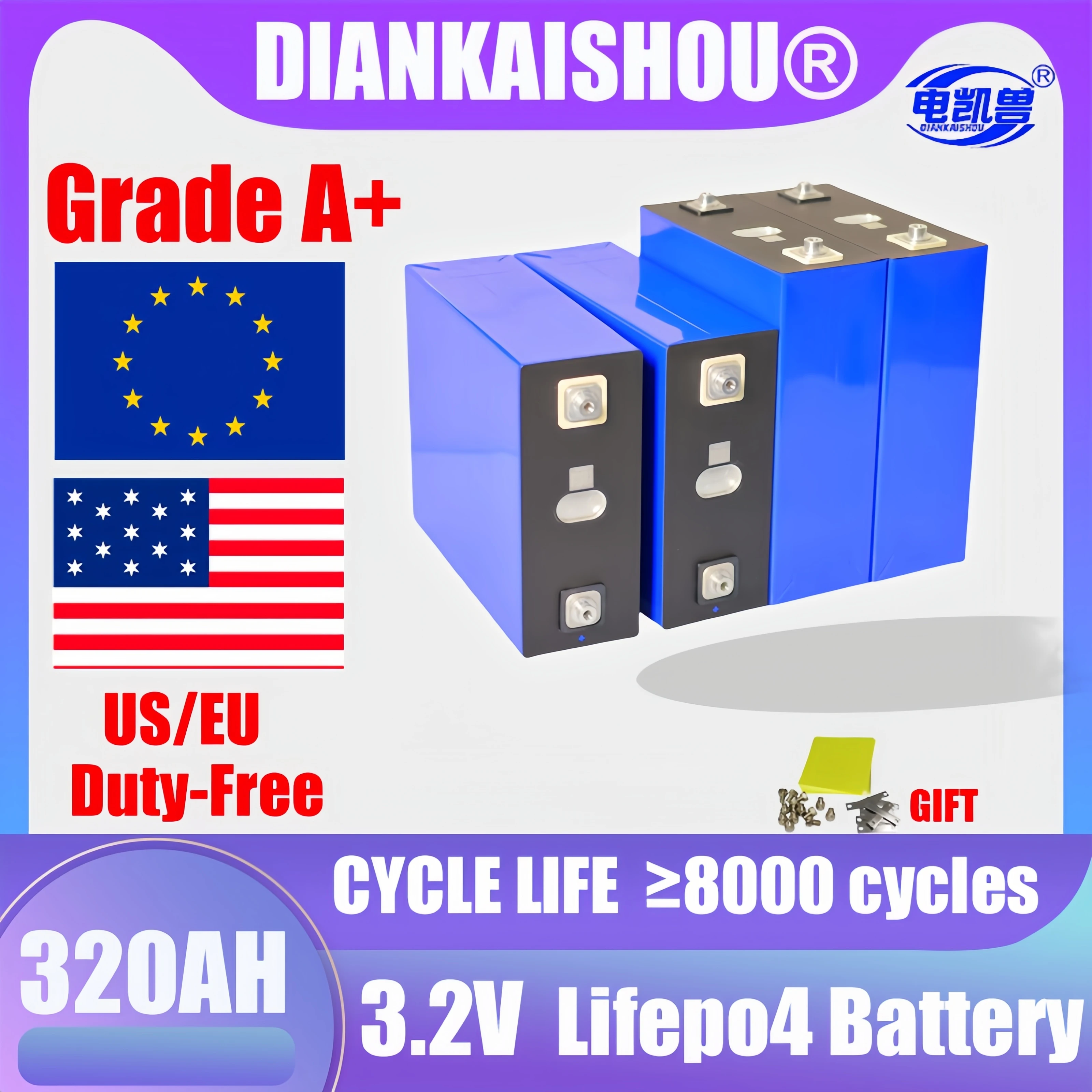 

Grade a 3.2V 320Ah Lifepo4 Battery 8000 Cycles Rechargeable DIY 12V 24V 48V RV EV Boat Yacht Van Cells Tax Free Top