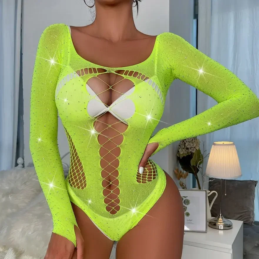 Pink Lace Bodysuit Tops for Women Off-Shoulder Hollow Out Mesh Sheer Body Top Female Hot Backless Nightclub Lingerie Top