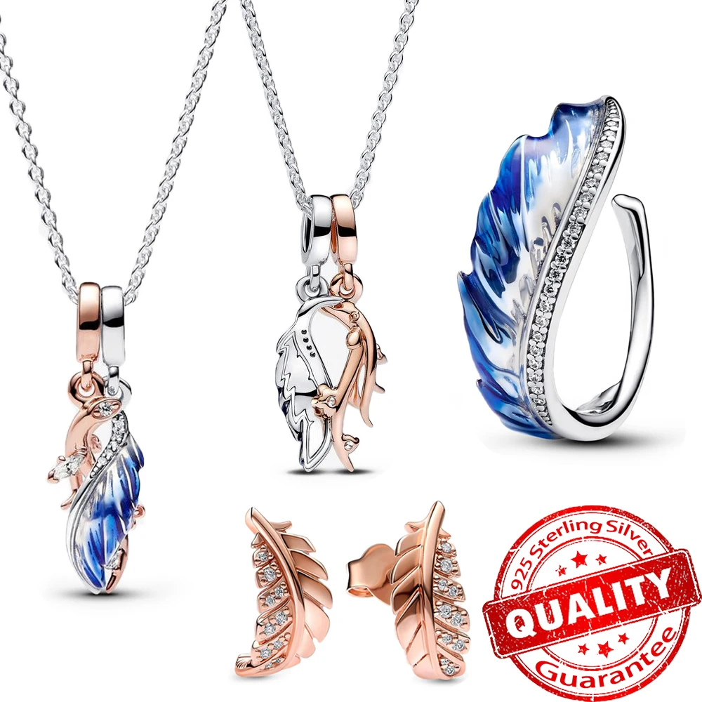 

New Jewelry Set 925 Sterling Silver Splitable Bird Feathers Dangle Charm Necklace & Floating Curved Feather Stud Earrings & Ring