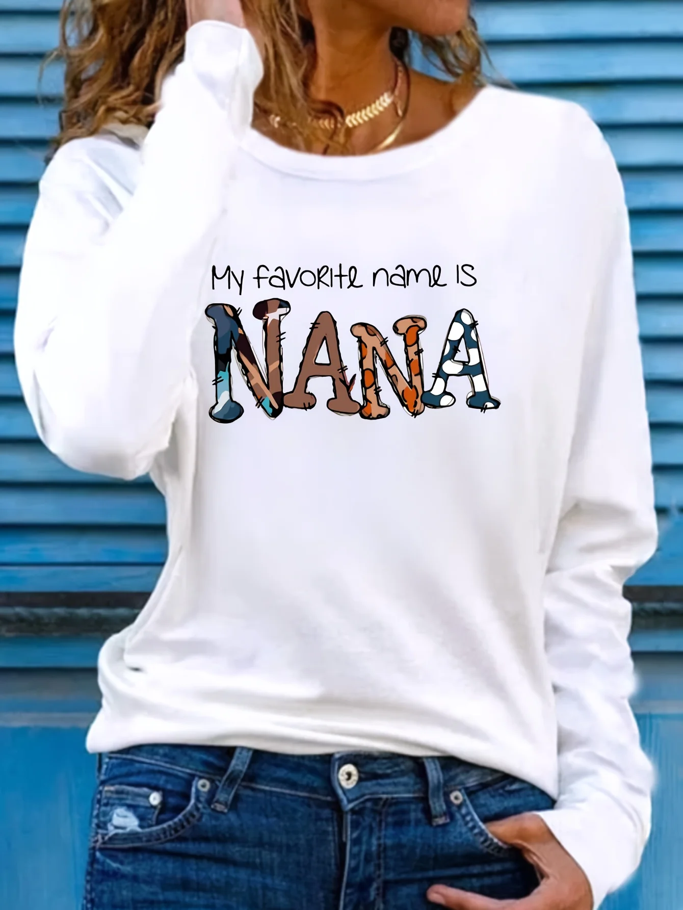 

Женская весенне-осенняя модная повседневная свободная футболка из 100% чистого хлопка с круглым вырезом и длинными рукавами с буквенным принтом NANA, топ