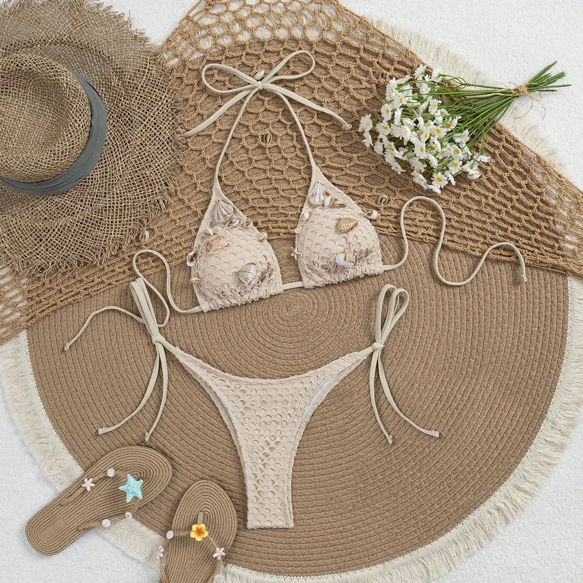 sexy shell decoration mesh beige bikinis sets two pieces hollow out swimsuits beachwear bathing suit swimwear biquini tankini