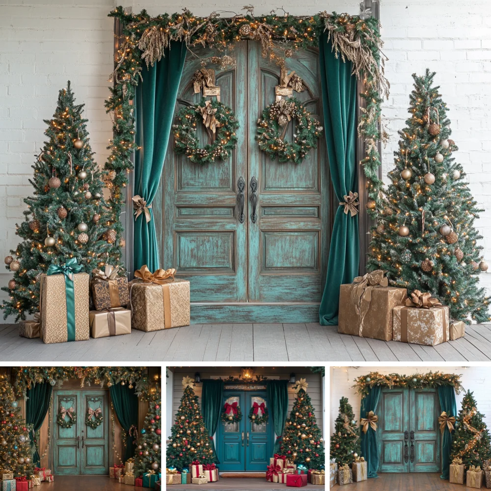 Vintage Teal Wood Double Door Christmas Backdrop Dark Green Curtain Pine Wreath Flocked Tree Gift Box Portrait Shoot Background