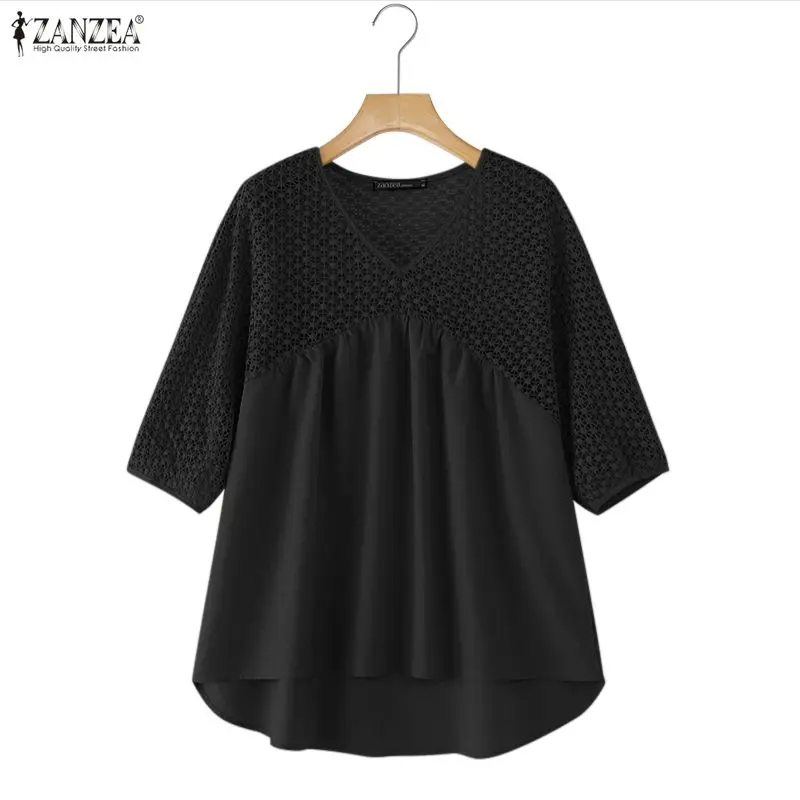 

ZANZEA Fashion Patchwork Summer Women Blouses Half Sleeve Lace Hollow Out Tops Irregular Blouse OL Work See-through Blusas Tunic