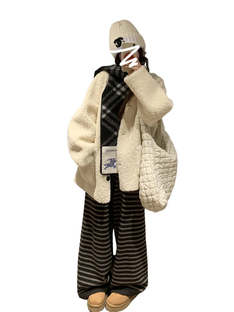 السيدات لينة Plu لامب الفراء Jaet الأبيض كسول Sle الخريف الشتاء جديد وصول الكورية الوقوف صالح ort ملابس خارجية معطف