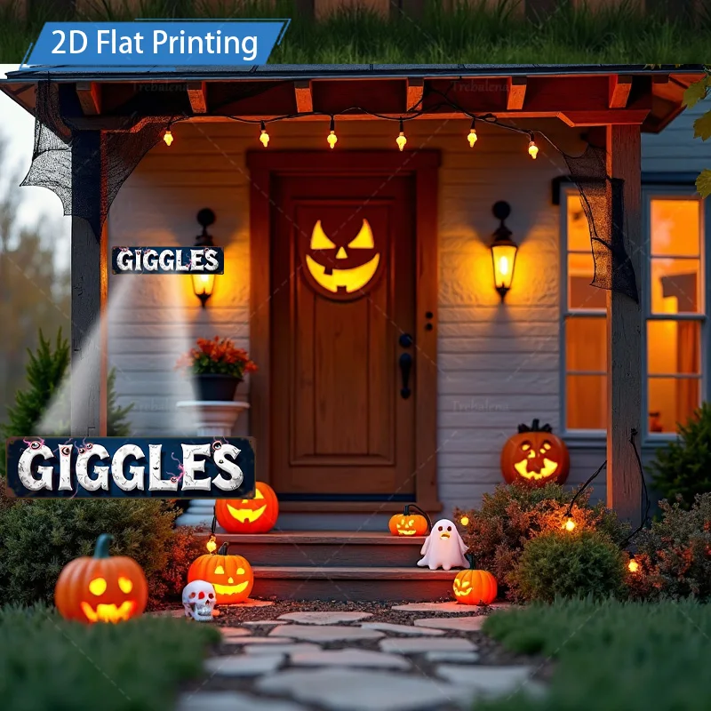 1 قطعة علامة معدنية ، 4x16 بوصة هالوين Giggles 2D علامة الطباعة المسطحة ، مخيف اليقطين الخفافيش ديكور للسياج