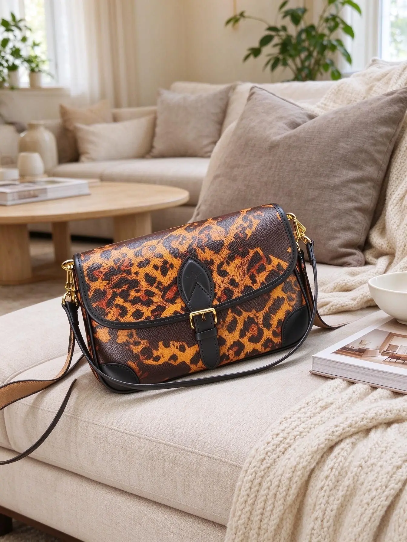 Unisex Leopard Print Saddle Crossbody Bag Faux Leather Splicing Buckle Flap Design Adjustable Shoulder Strap Vintage Messenger Handbag