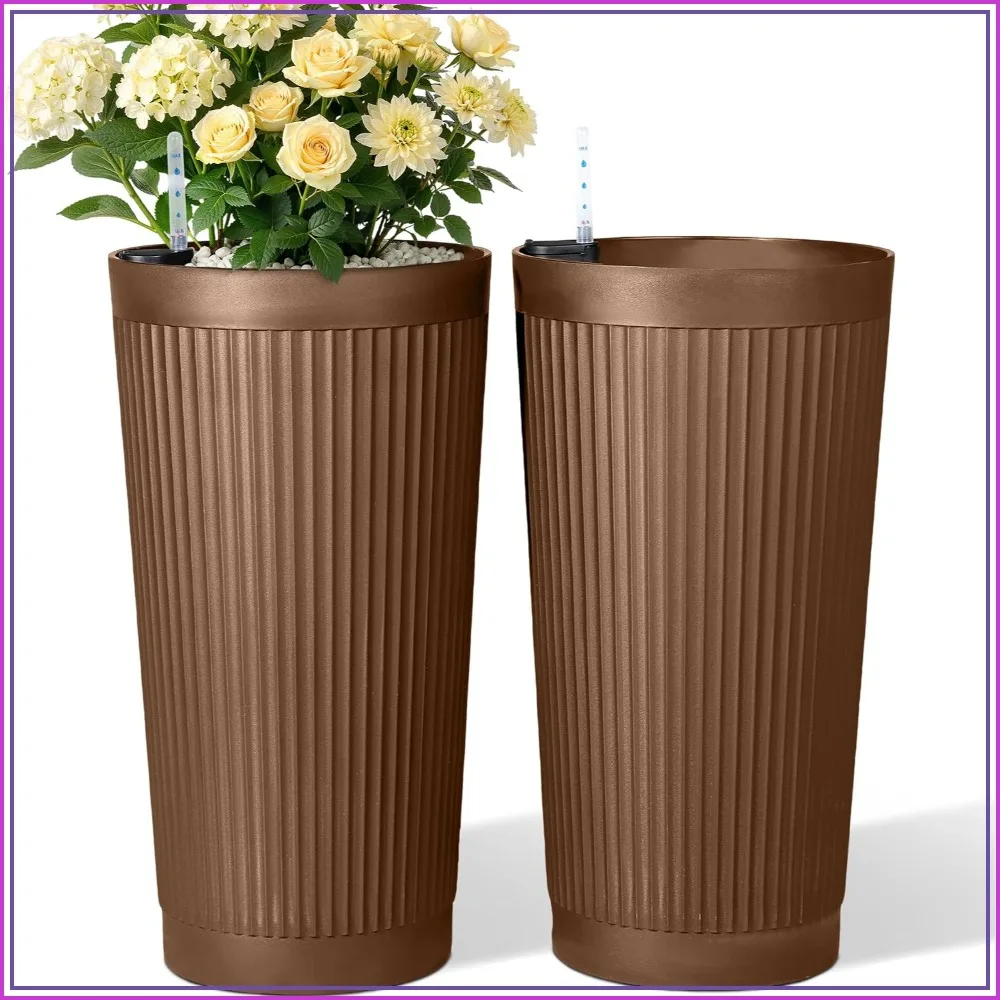Set of 2 Large Round Tall Planters 24 inch for Indoor Outdoor Plants, Flower Pots for Patio Porch