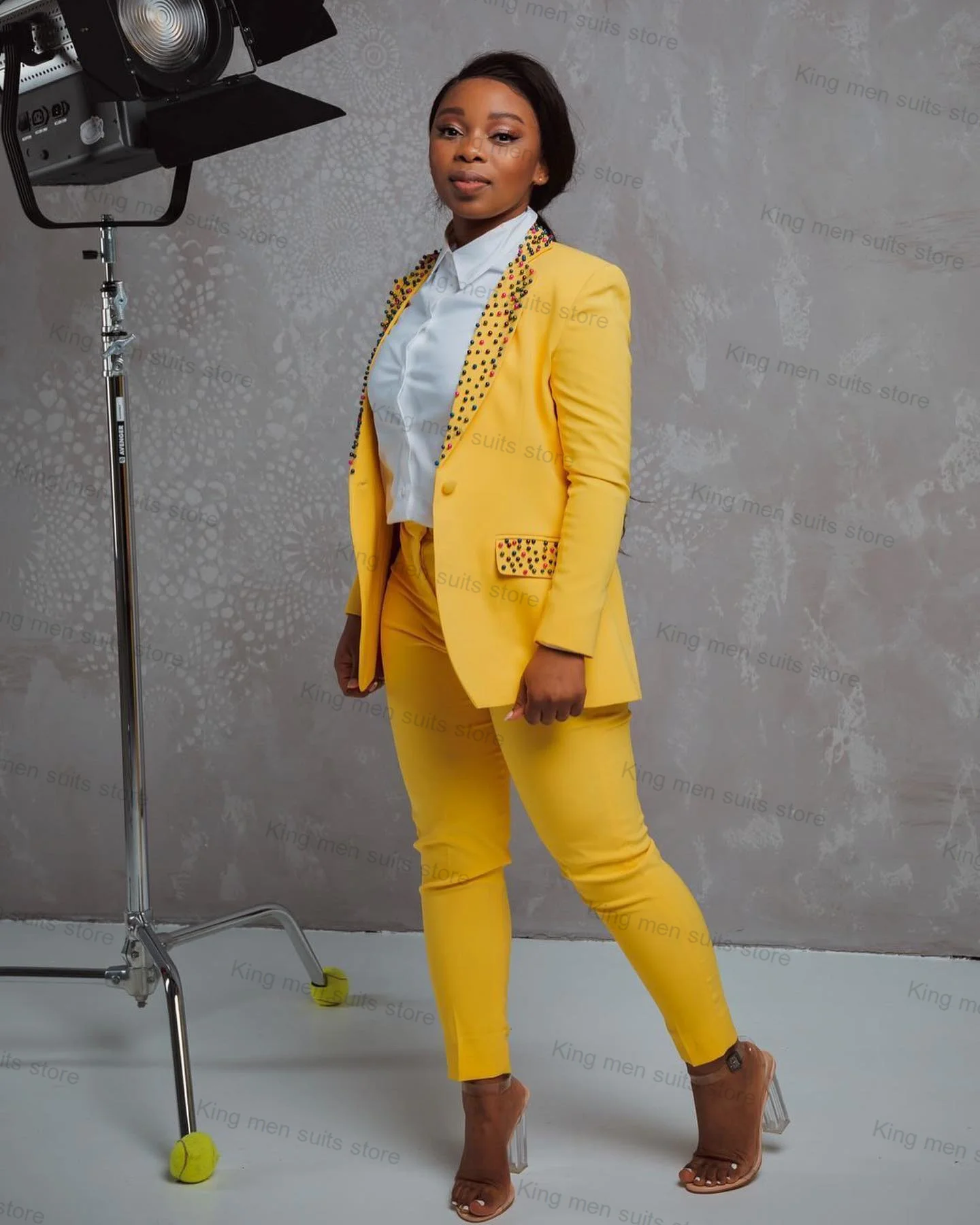 

Colored Pearls Wedding Women Suit Pants Set 2 Piece Yellow Blazer+Trouser Formal Office Lady Jacket Tailored Prom Dress Coat