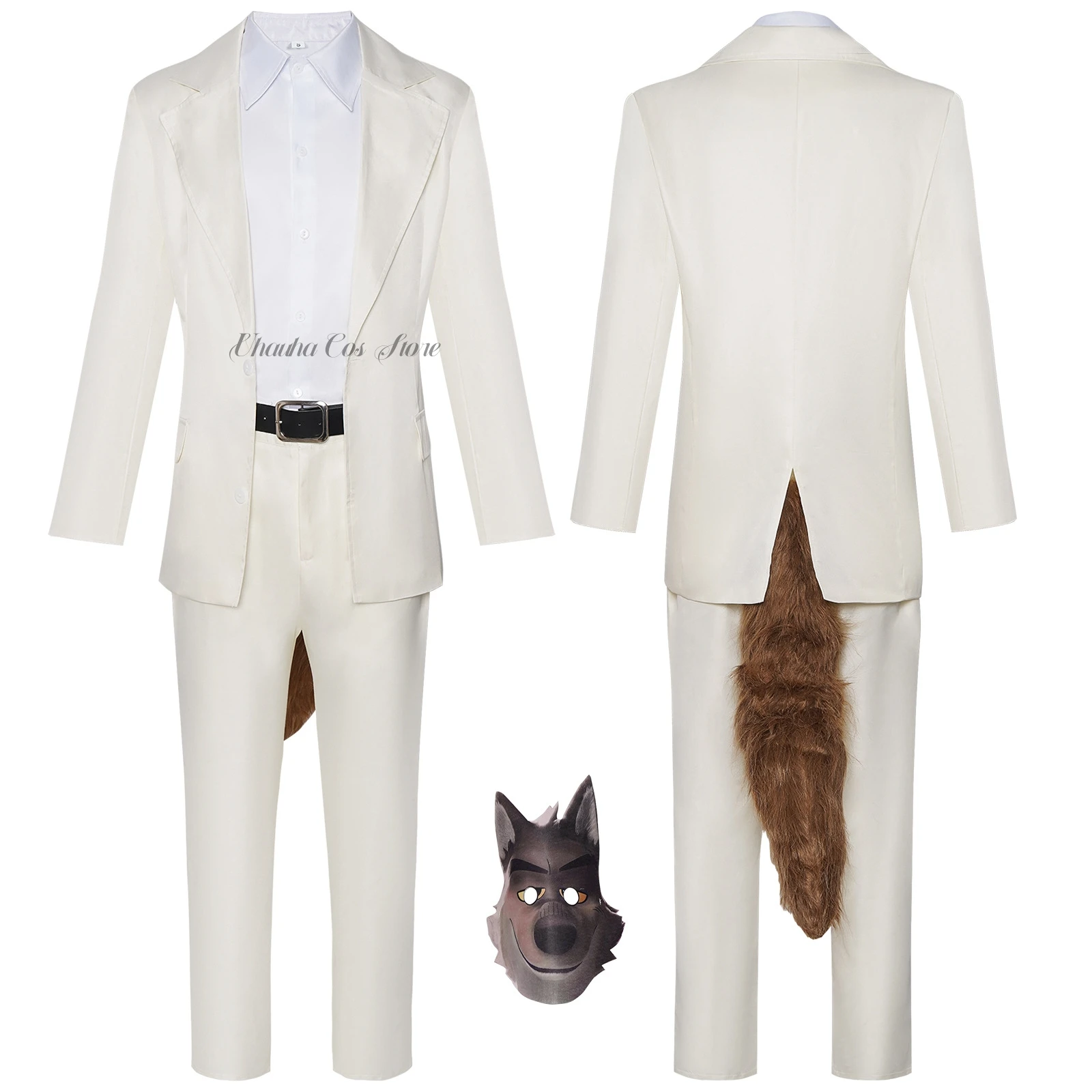 هالوين باد وولف تأثيري الرجال زي الذئب هود/ذيل الذئب مجموعة كاملة ملحق هالوين تمويه الدعاوى الأبيض للجنسين الزي