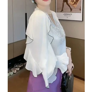 Frauenbluse mit gekräuselten Pailletten, V -Neck T -Shirt, lange Tops, Chic, Fee, Weiß, Büro, elegant, Lady, Party, Mode 12 Hauptverkäufe von Branco Branco - №10