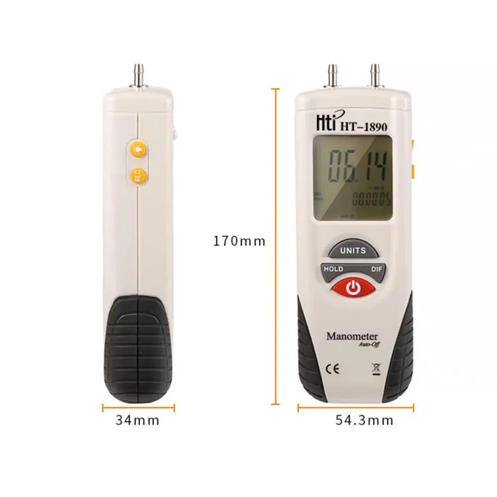 

HTI HT-1895 Handheld Proable Digital Manometer Air Pressure Meter Differential Pressure Gauge Gas Pressue Tester LCD Display