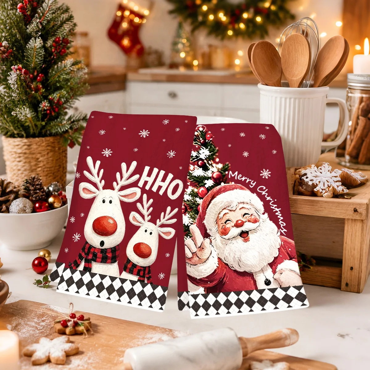 2 Stück Frohe Weihnachten Handtücher Retro Weihnachtsmann Rentier Saugfähige Küchentücher Navidad Weihnachtsdekoration für Zuhause 2026 – Detail 4