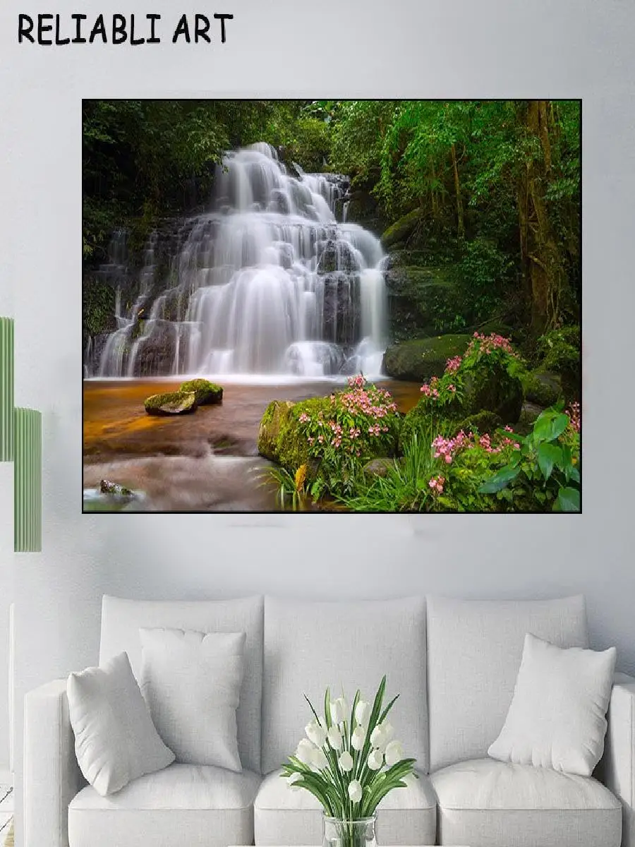 Modern Waterfall  Lake Landscape Canvas Wall Art  Frameless Home Decor Poster for Living Room