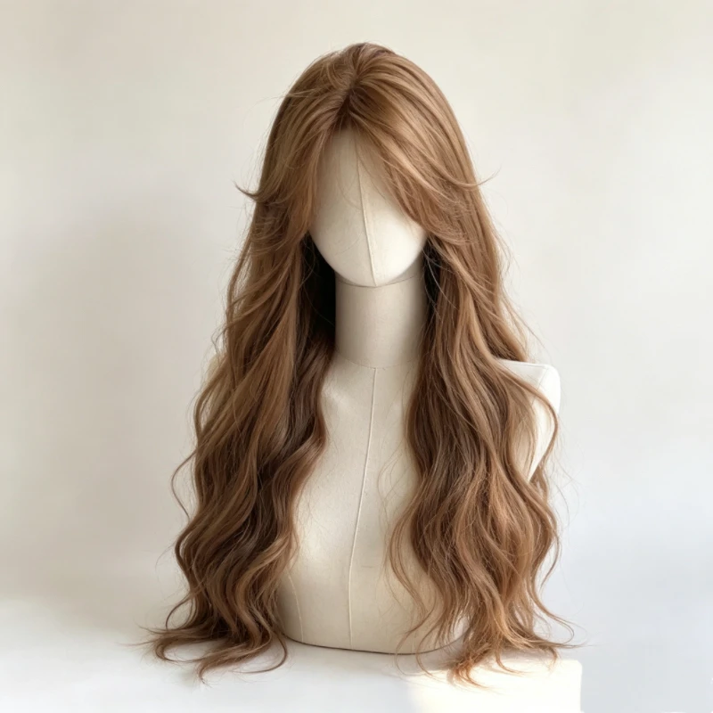 Light gray-brown long wool curled synthetic wig with air bangs 26 inches fluffy water wave heat-resistant fiber full wig