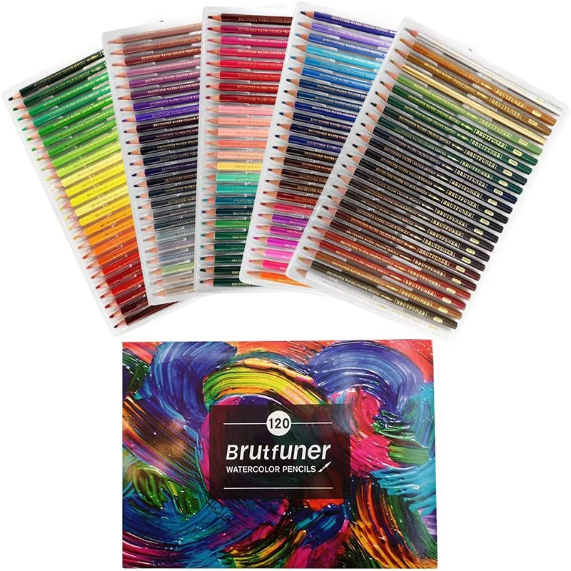 Brutfuner Watercolor Pencils - Professional Set of 120 - Beautiful Blending Effects with Wet or Dry - Ideal for Coloring Book