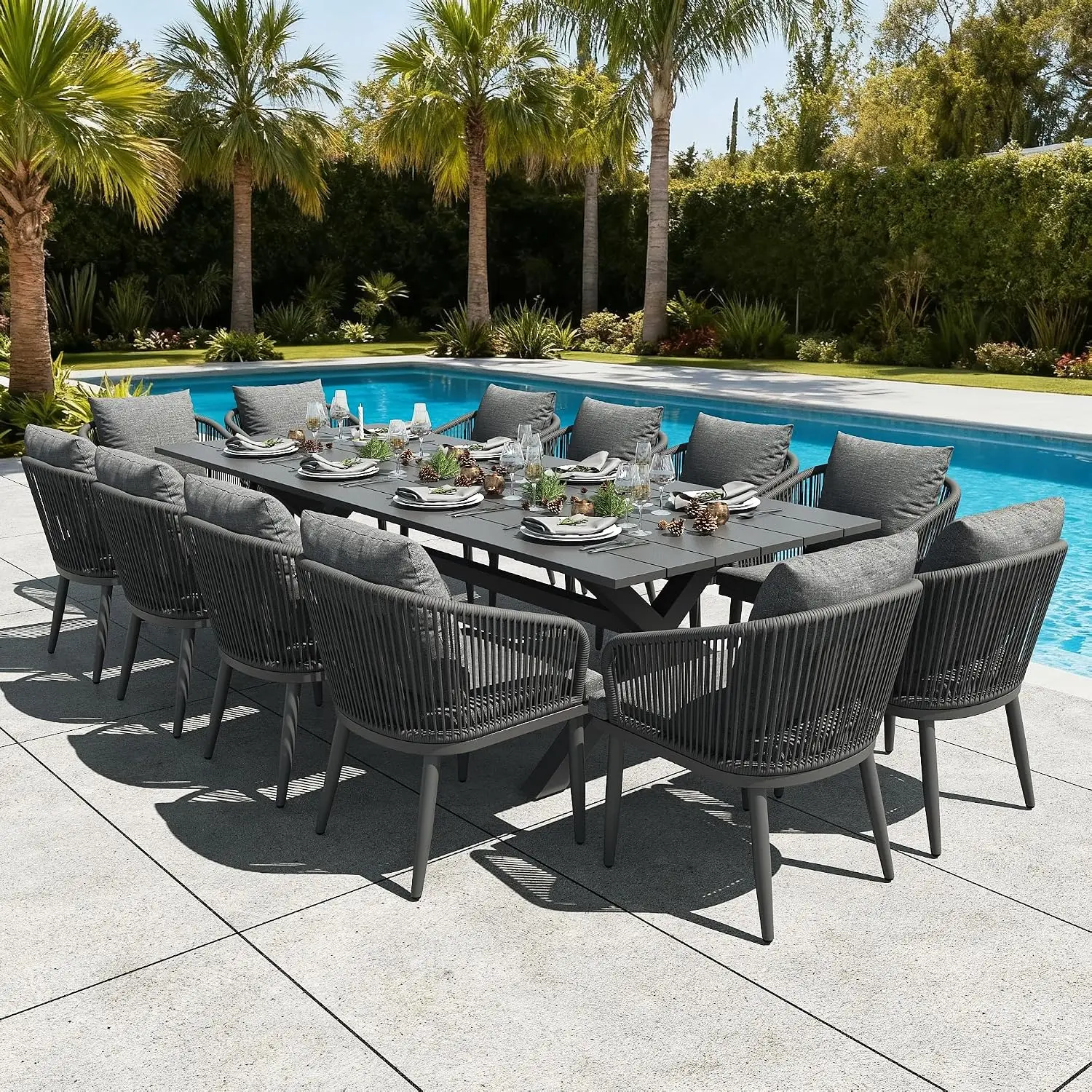 13 Pieces Outdoor Patio Dining Set, Aluminium Rectangular Dining Table and Wicker Rattan Chairs Set for Outside Backyard, Poolsi