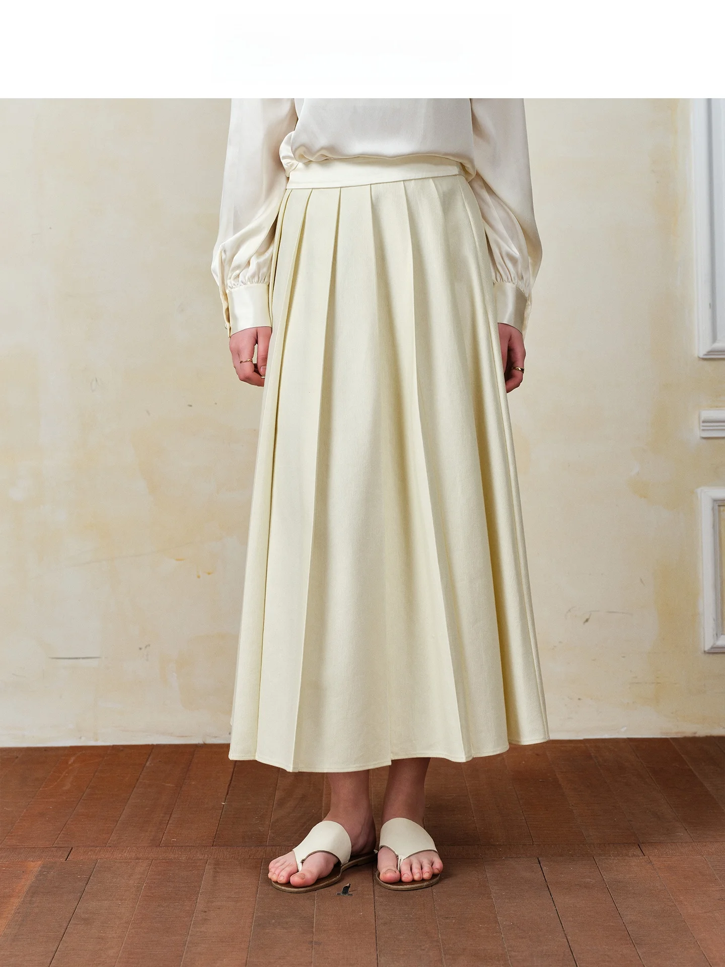

Elegant Long A-Line Skirt MovinGlow High Waist Acetate Waistband Draped Silklike Fabric Women's Premium Fashion