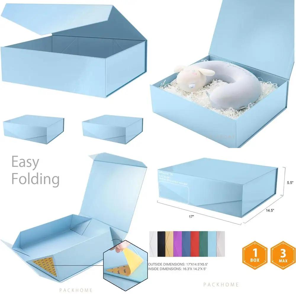 

Набор очень больших подарочных коробок из 3 предметов, крышки в комплекте, магнитная застежка, идеально подходит для одежды и больших подарков, глянцевый голубой цвет