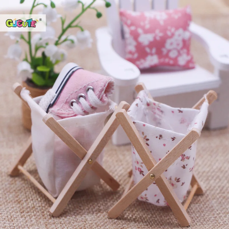 1:12 Dollhouse Miniature Fabric Folding Dirty Clothes Basket Bathroom Bedroom Shoes Storage Basket Model Kids Pretend Play Toys