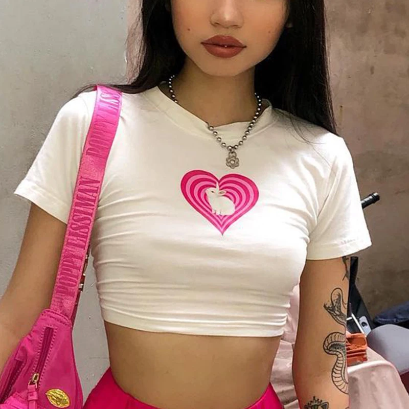 Y2K Cute Heart Shaped Rabbit Women Baby Tee Streetwear Girl Vintage Girlish Letter Crop Summer 2000s Goth Slim T-Shirt Emo 2023