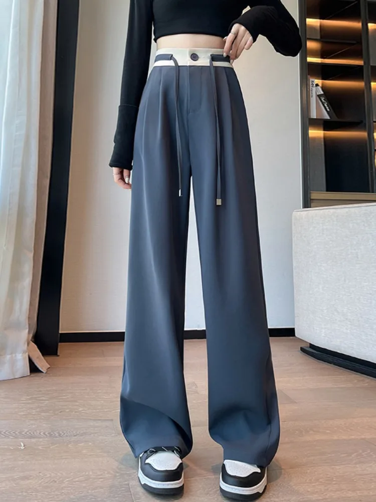 بنطلون واسع الساق بخصر مرتفع للنساء، تصميم فريد بألوان متباينة مع رباط خصر، بنطلون كاجوال مستقيم الساق لفصلي الربيع والخريف