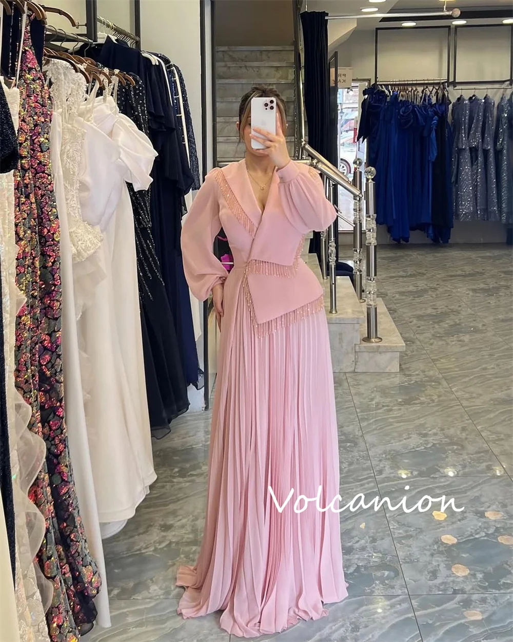 تخصيص جودة عالية الشيفون مطرزة الطية ألف خط الخامس الرقبة فساتين طويلة مناسبة مخصصة النمط الصيني #3