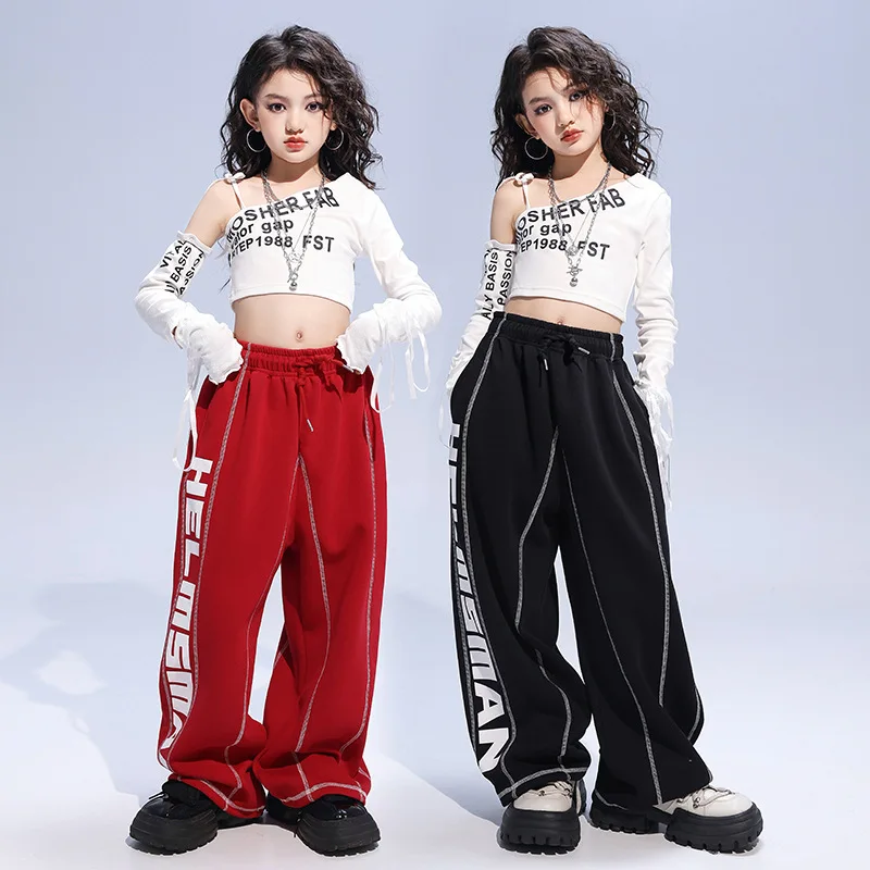 Kid Hip Hop Clothing White Black One Shoulder Crop Top T Shirt Casual Sweat Jogger Pants for Girls Jazz Dance Costumes Clothes