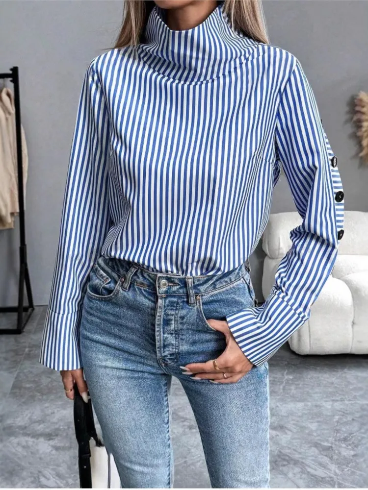 

Fashion Blue Stripe Shirt Top Spring Autumn New Long Sleeved Top For Women Elegant Office Lady Spliced Buttons Pullover Blouse