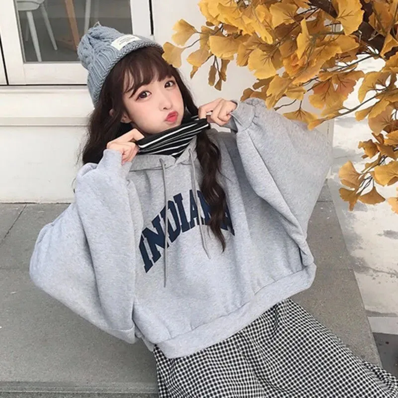 Autumn Thick Women Hoodies Fashion Loose Fake Two Piece Letter Printing Tops Harajuku Warm Preppy All Match Crop Sweatshirts