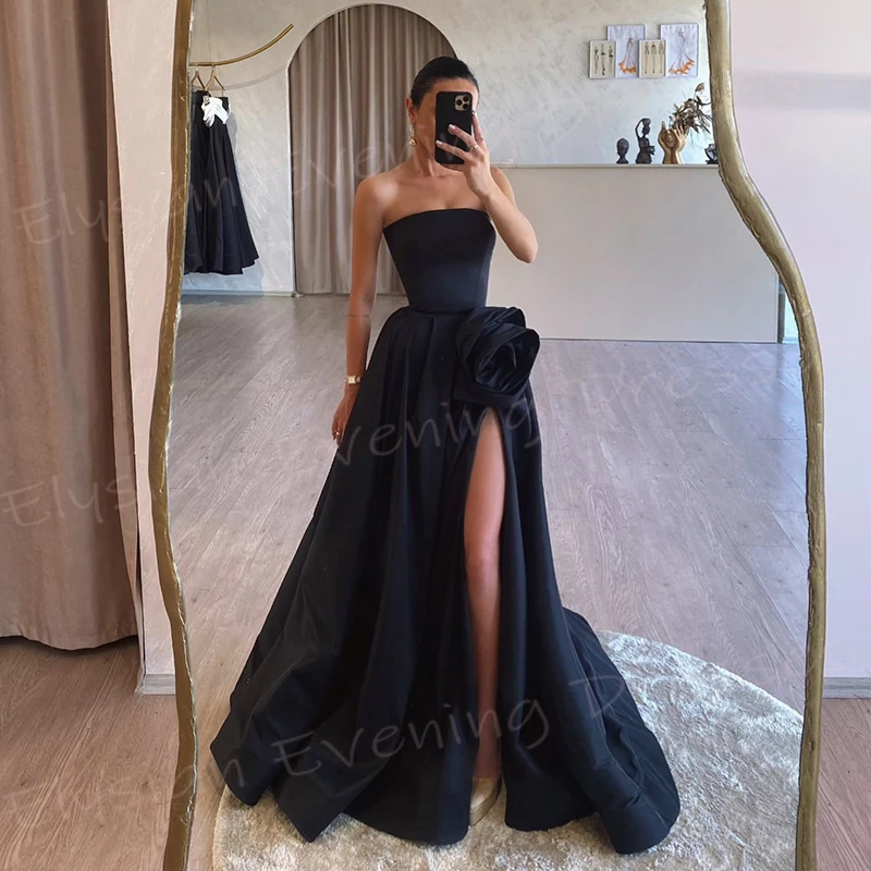 Sexy Black A Line Women\'s Evening Dresses Strapless Sleeveless Customized Prom Gowns Side Split Formal Party Vestido De Noche