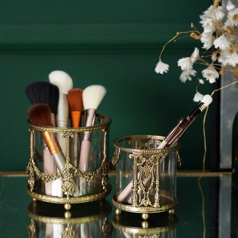 Carved Brass & Glass Storage Bucket, Desktop Holder for Makeup Brush, Retro Tabletop Decor Ornament