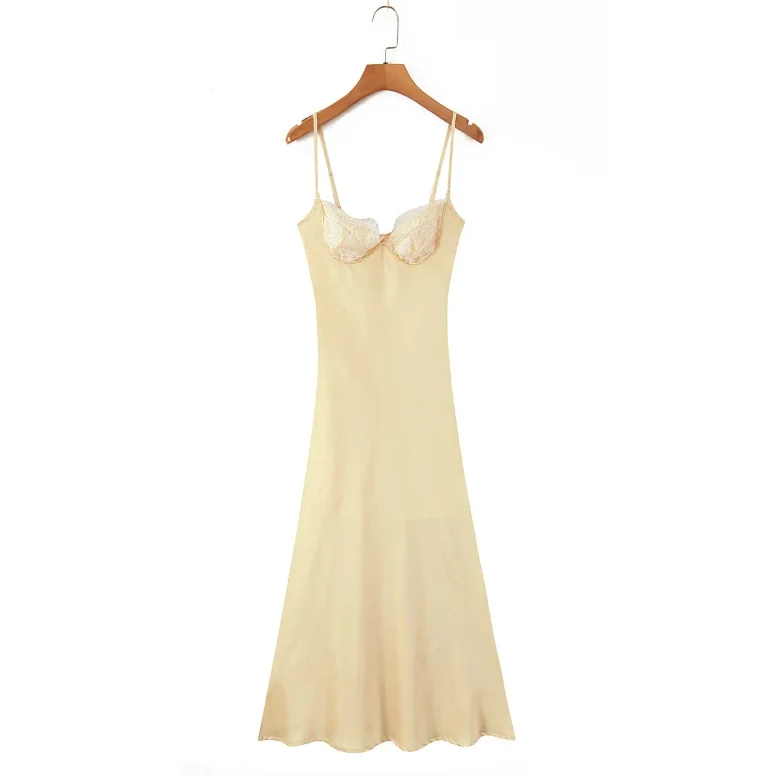 Lace Stitching Satin Dress Female 2025 Summer New Holiday Style Fashion Solid Color Slim Sleeveless Suspender Dress