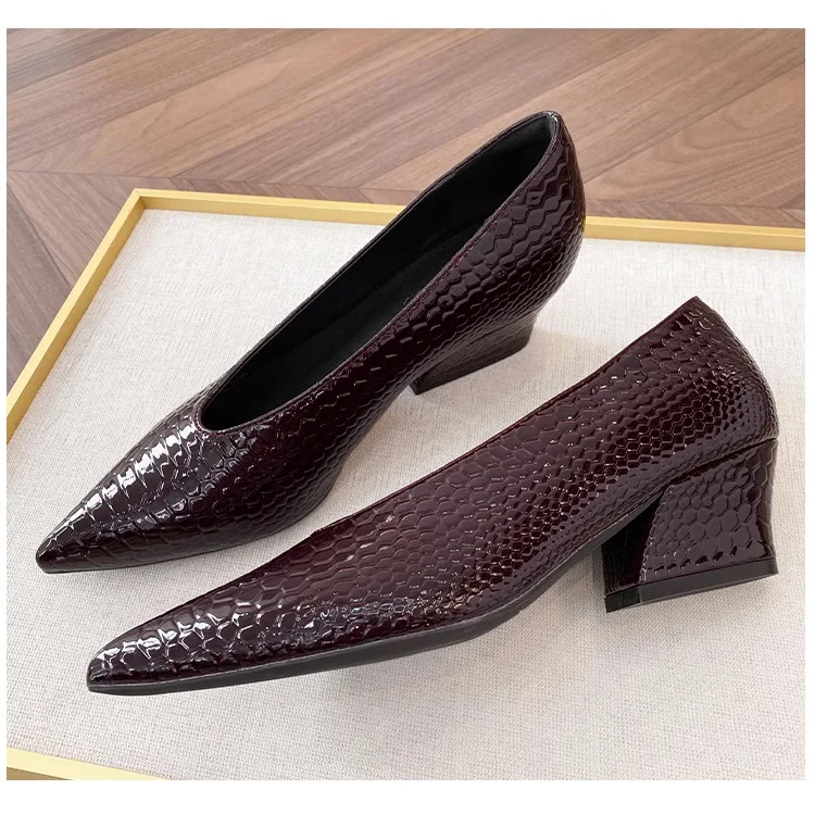 2027 New Snakeskin Pattern Pointed Toe Chunky High Heel Women Shoes Leather Wedges Dress  Fashion Autumn Women Shoes Lady Shoes