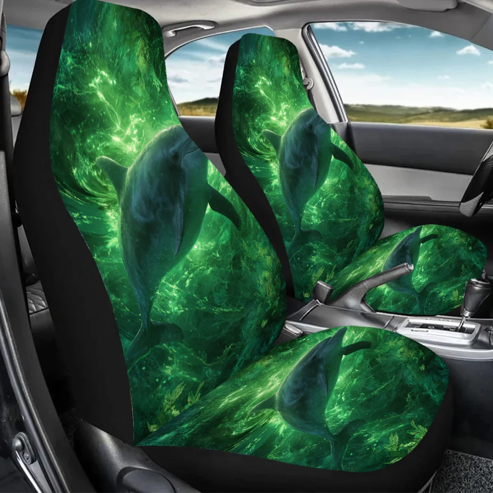 2pcs Dolphin In Green Depths Car Seat Covers - Vibrant Oceanic Design, Fit For Cars, SUVs, Sedans - Durable Polyester, Hand Wash