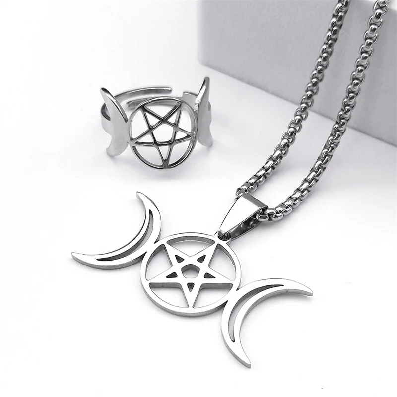 Stainless Steel Jewelry Set Triple Moon Goddess Pentagram Pentacle Necklace Women Men Ring Bracelet Earrings conjuntos de joyas image 5