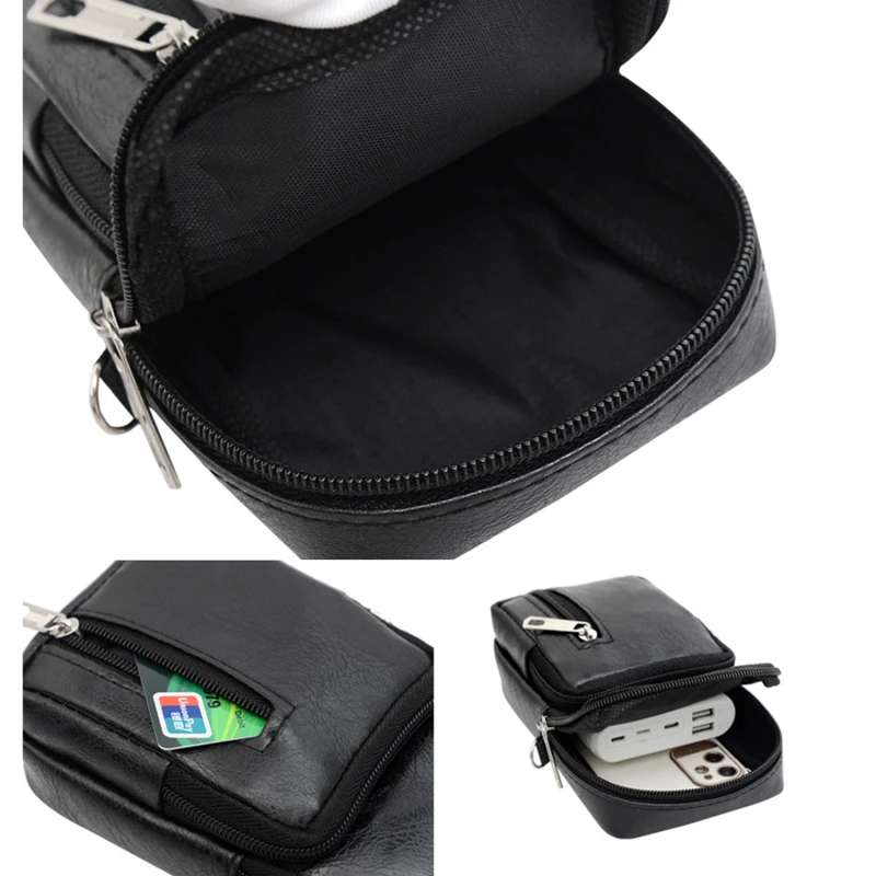 Men Shoulder Bags Black PU Leather Sports Mobile Phone Bag For Male Solid Color Zipper Crossbody Bag Casual Small Bags