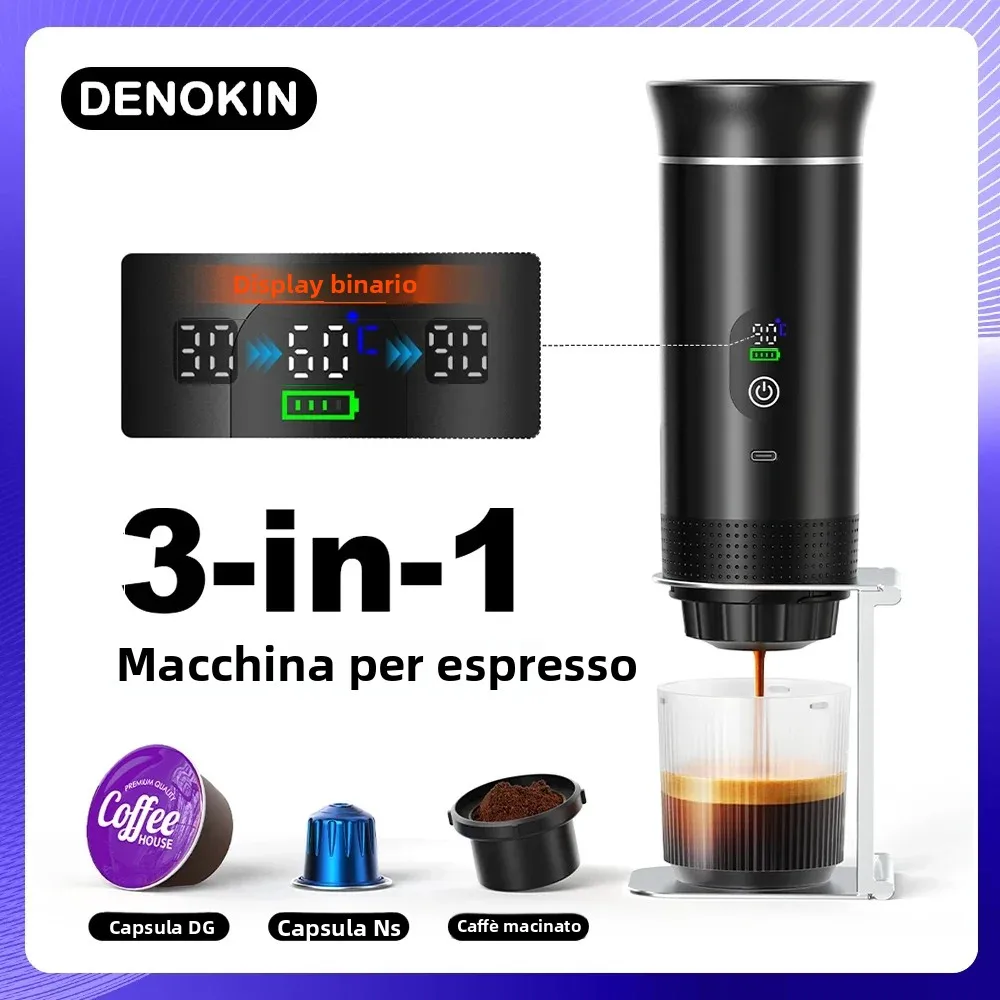 Macchina per Caffè in Capsule 3-in-1 DENOKIN, Macchina per Espresso Portatile con Display Digitale per Auto, Casa e Campeggio