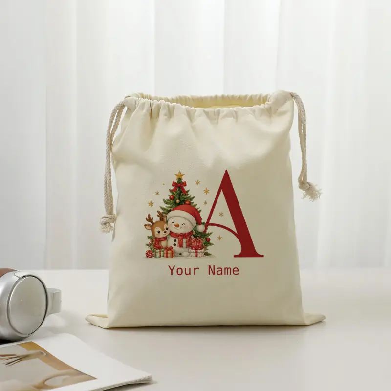 Drawstring Gift Bag Personalized Custom Name Christmas Snowman Reindeer Xmas Tree 26 Letter Print Holiday Canvas Storage Sack