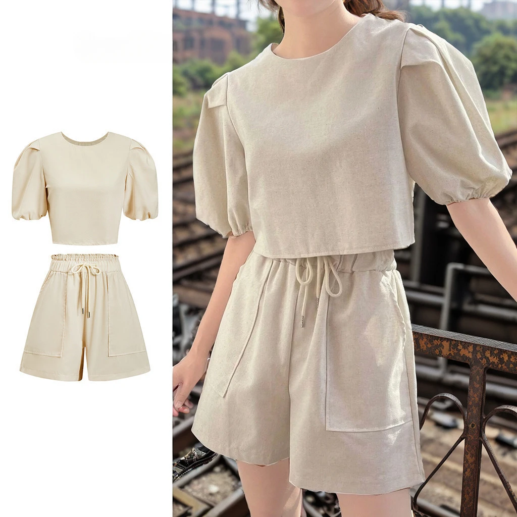 

Повседневный комплект однотонных плиссированных шорт на шнурке для женщин L80ED049