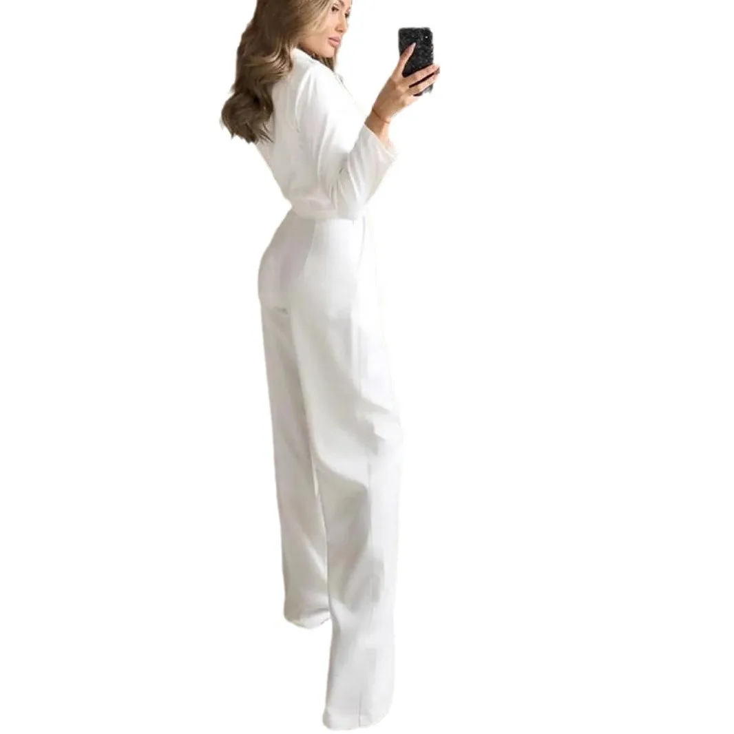 Autumn Women Jumpsuits High Waist Fashion Long-sleeved Suit Collar Straight Pants Temperament Elegant Office Commuting Jumpsuits