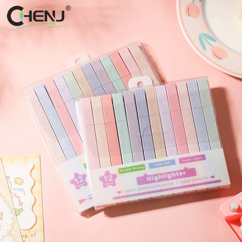 12 Colors/box Fluorescent Highlighter Pens Double Headed Pastel Highlighters Stationary Supplies Kawaii Colored Markers Pens