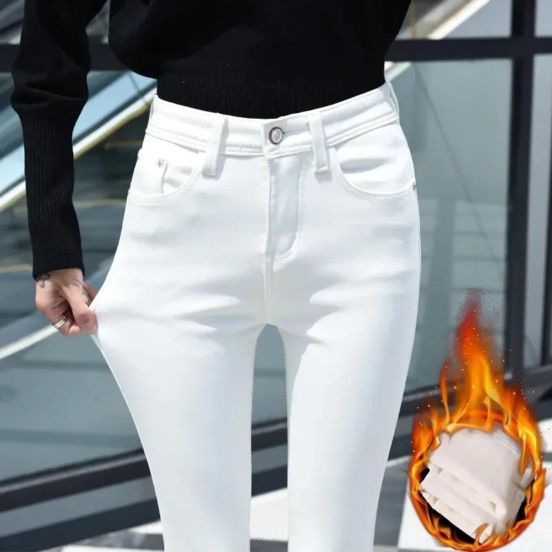 

White Add Velvet Thicken Women Jeans Autumn Winter Korean Version Of Tight Pencil Pants High Waist Keep Warm Black Feet Pants